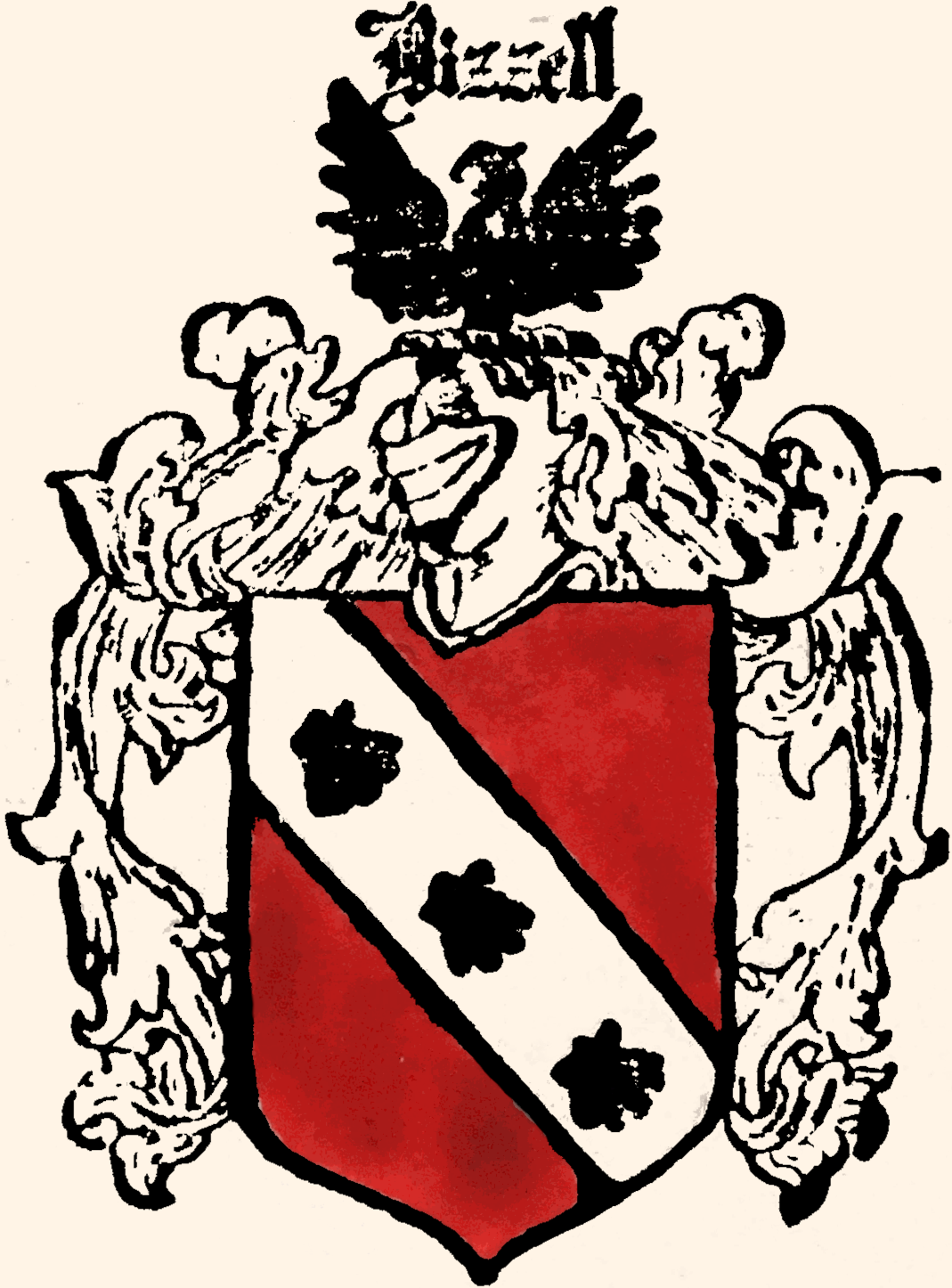 Bizzell's Coat of Arms logo stamp print with a hand coloured red shield